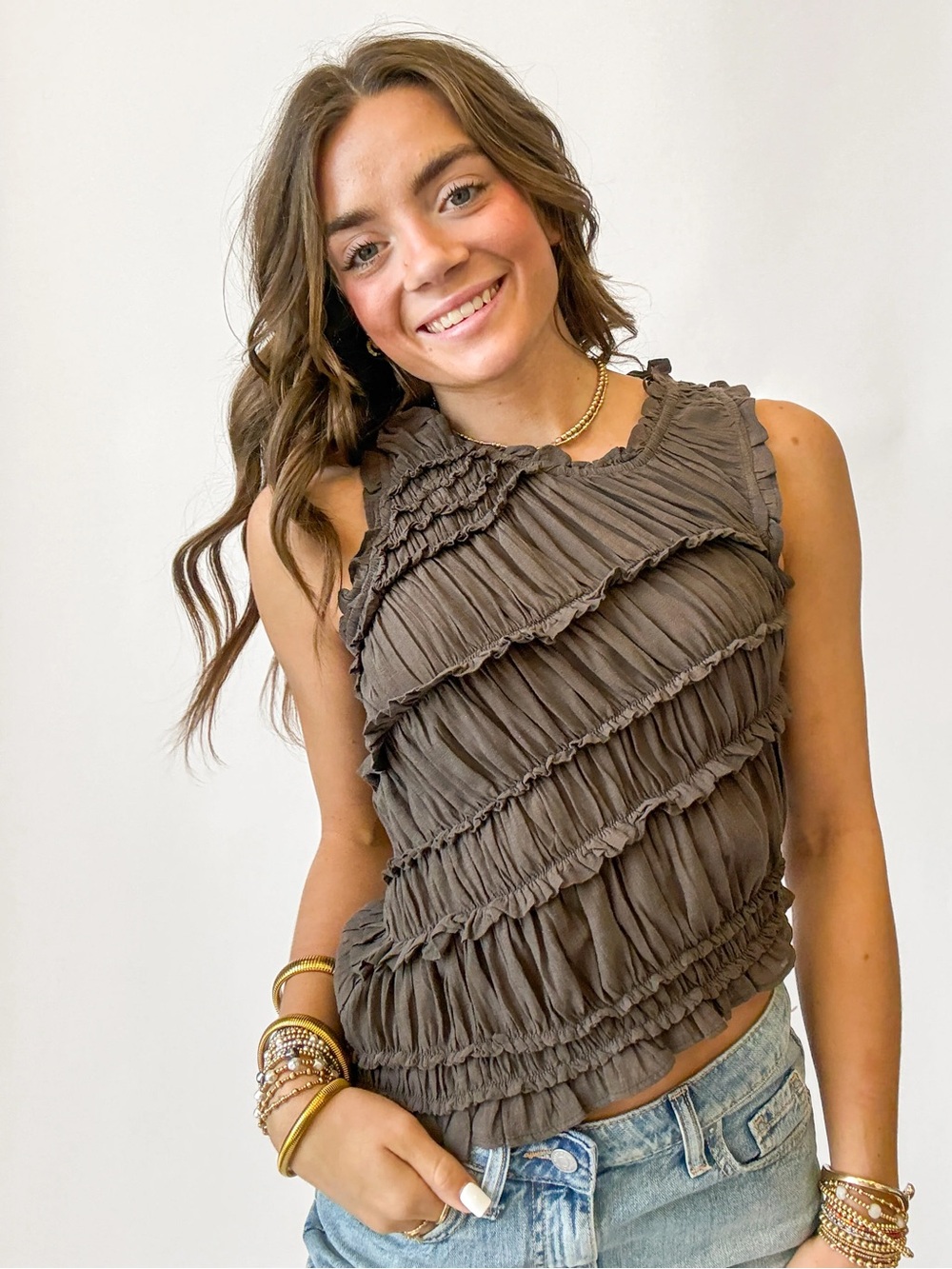FREE PEOPLE Pink Sands Smocked Top in Brown M